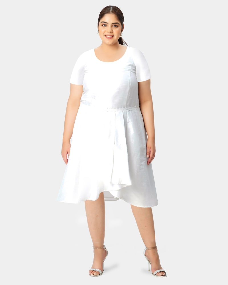 Front of a model wearing a size L-12 Asymmetric wrap scoopneck skirted dupioni dress in White by eShakti. | dia_product_style_image_id:290369